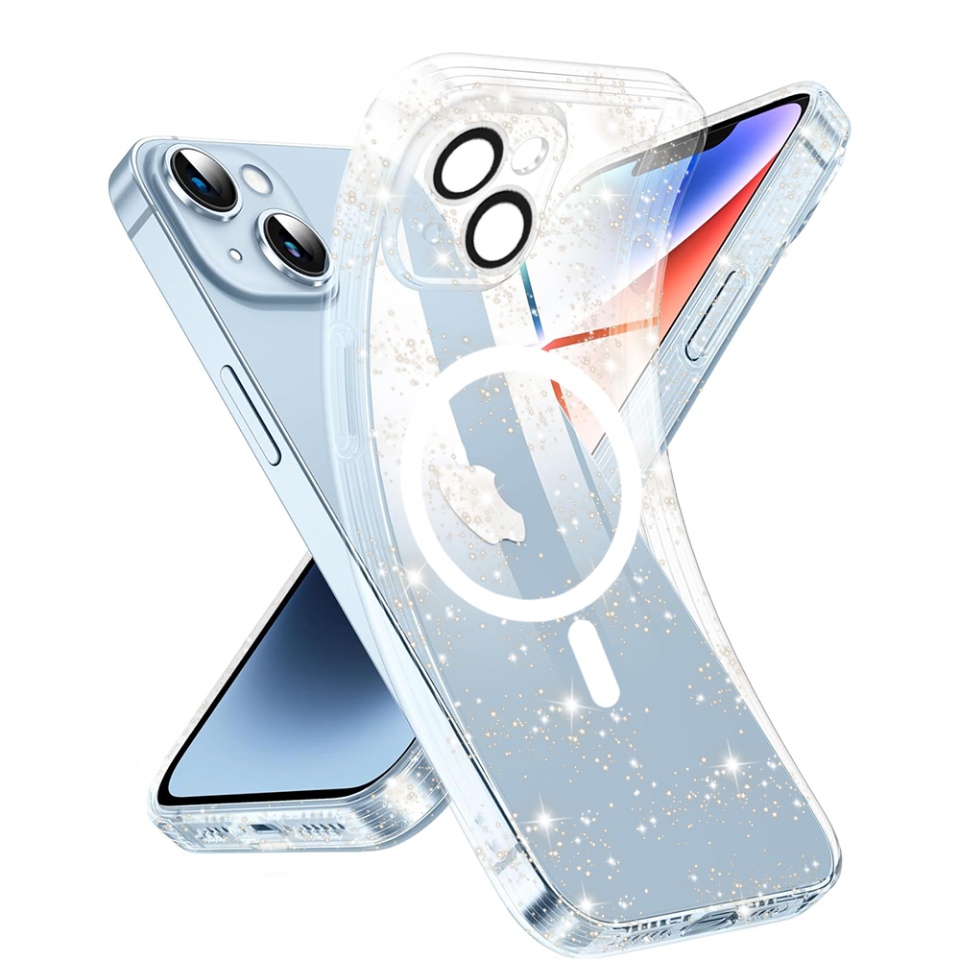 Husa pentru iPhone 14, SKYDDAR INNOVATION, SparkleSkin Magsafe, din Silicon TPU cu Sclipici, Design Elegant si Ultra Subtire, Transparenta, set cu sticker