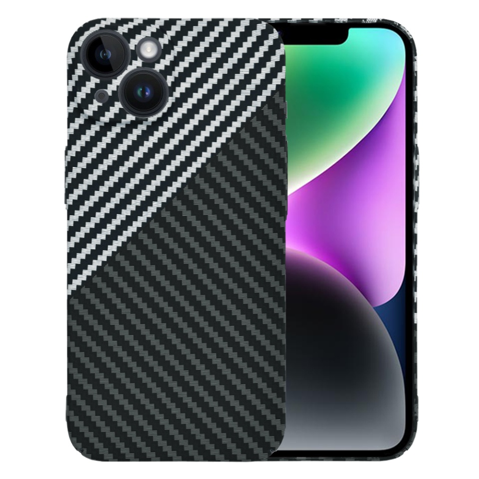 Husa pentru iPhone 14, SKYDDAR INNOVATION, textura carbon, Carbonite FiberShell, Gri, set cu sticker