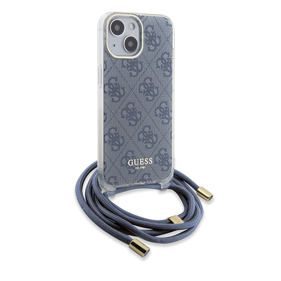 Husa pentru iPhone 15 cu snur, Crossbody Cord 4G Print, Guess - Albastru - 3 | YEO
