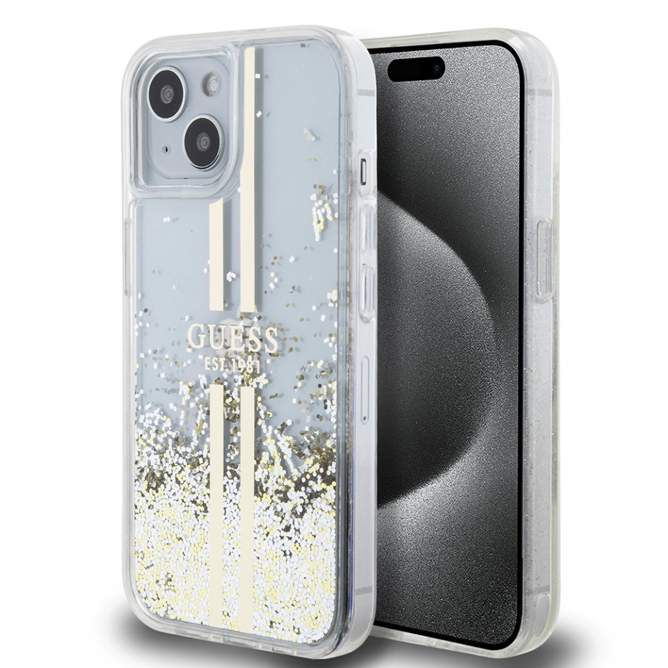 Husa pentru iPhone 15, Liquid Glitter Gold Stripes, Guess - Transparenta