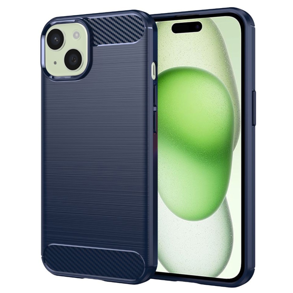 Husa pentru iPhone 15 Plus, SKYDDAR INNOVATION, Carbon Silicone, din Silicon Premium, Slim, cu textura Fibra Carbon, Albastru, set cu sticker