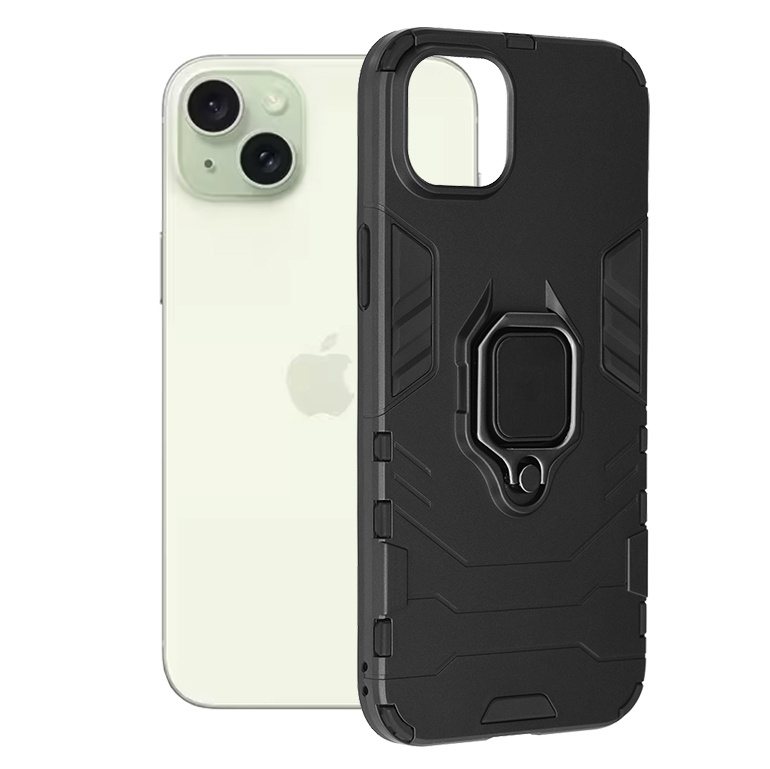 Husa pentru iPhone 15 Plus, SKYDDAR INNOVATION, cu Inel Magnetic, Antisoc, Forged, Negru, set cu sticker