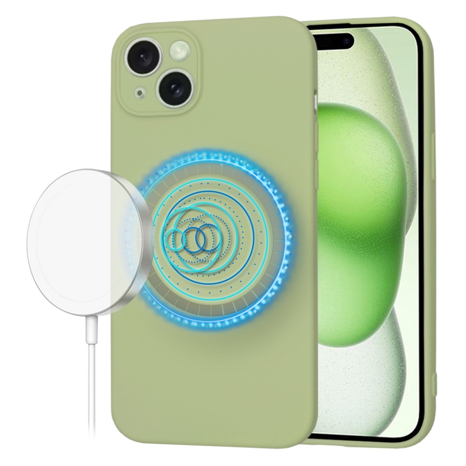 Husa pentru iPhone 15 Plus, SKYDDAR INNOVATION, din Silicon Catifelat, SoftFlex Magsafe, Verde, set cu sticker