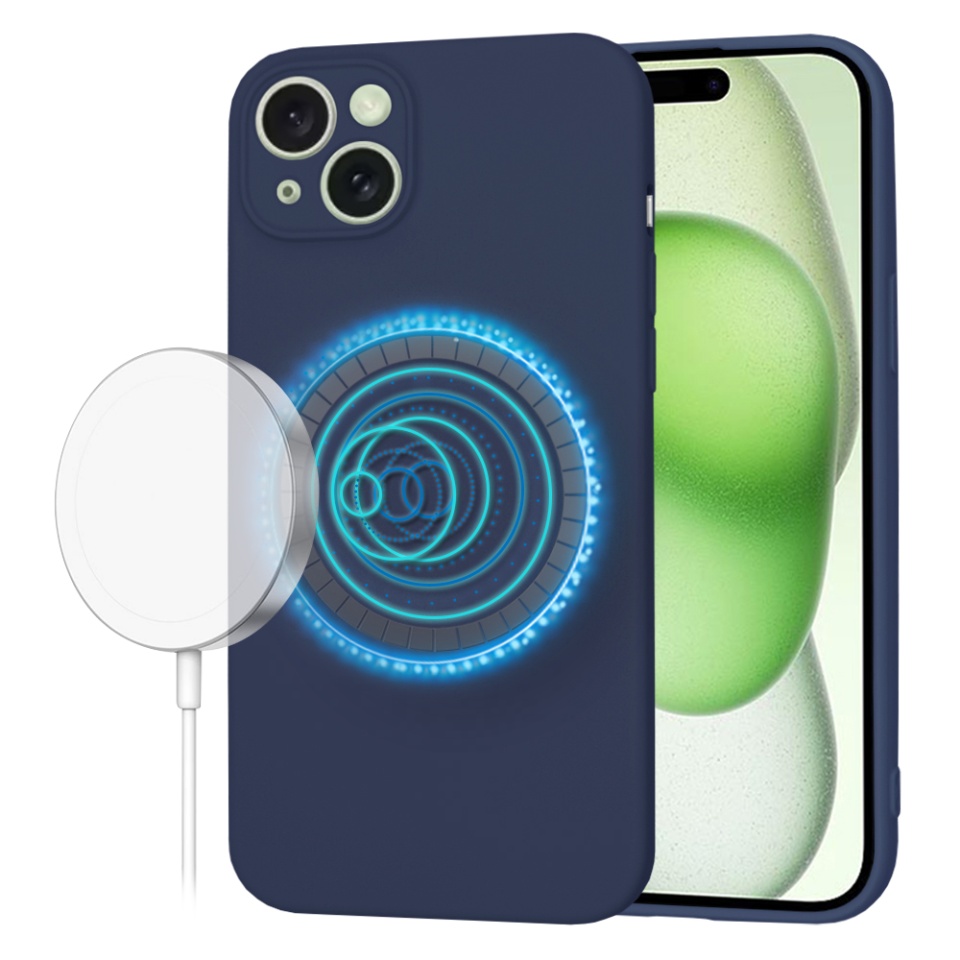 Husa pentru iPhone 15 Plus, SKYDDAR INNOVATION, din Silicon Catifelat, SoftFlex Magsafe, Bleumarin, set cu sticker