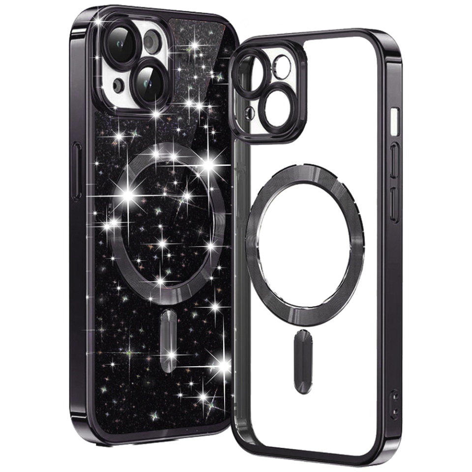 Husa pentru iPhone 15 Plus, SKYDDAR INNOVATION, Luxury Glitter Magsafe, Antisoc, Fundal Detasabil 2-in-1, Protectie Superioara, Margini Ridicate, Negru, set cu sticker