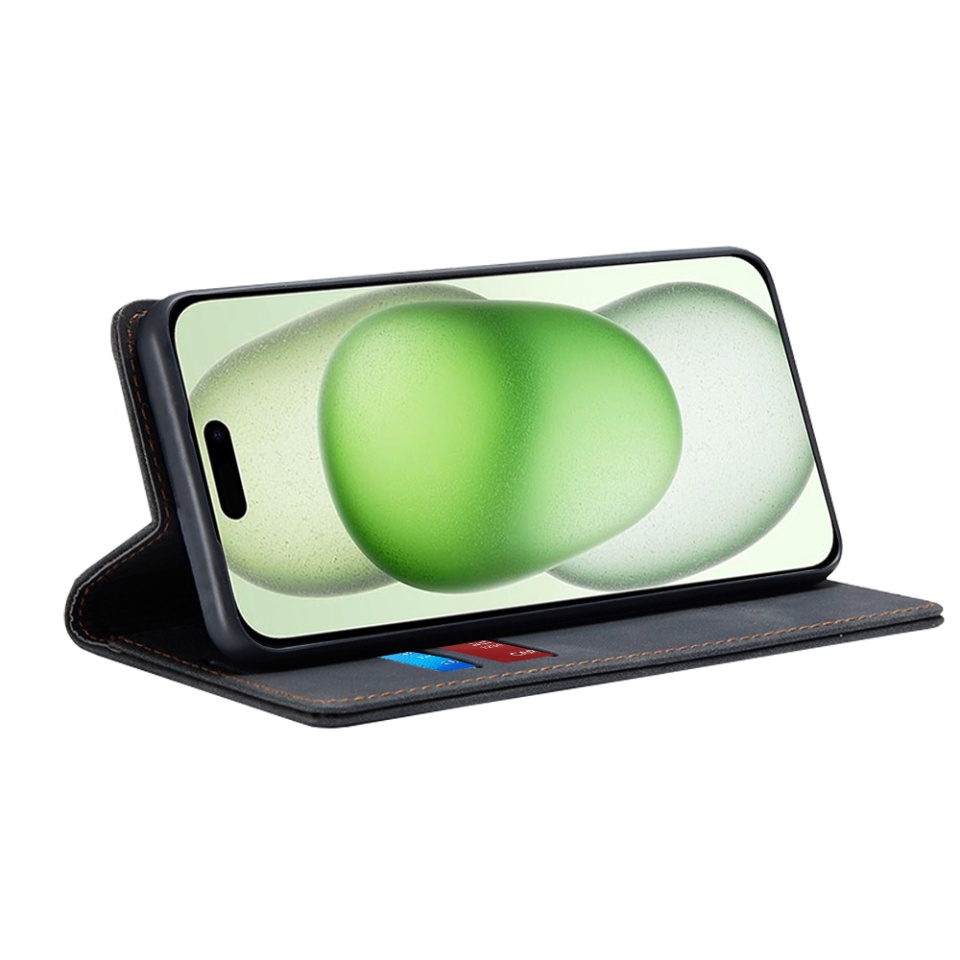 Husa pentru iPhone 15 Plus, SKYDDAR INNOVATION, Soft Wallet, tip Carte din piele Eco Premium, cu Portofel Interior, Negru, set cu sticker - 1 | YEO