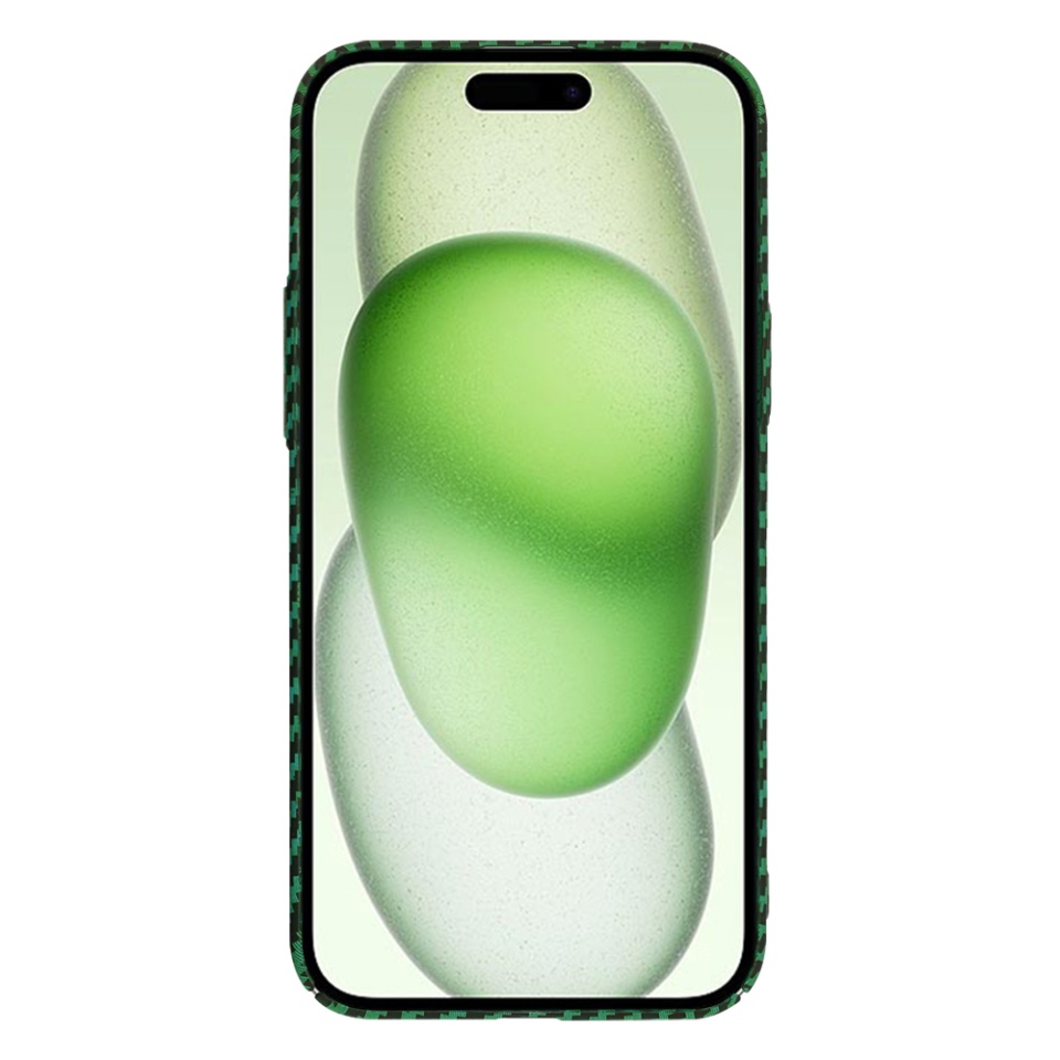 Husa pentru iPhone 15 Plus, SKYDDAR INNOVATION, textura carbon, Carbonite FiberShell, Verde, set cu sticker - 1 | YEO