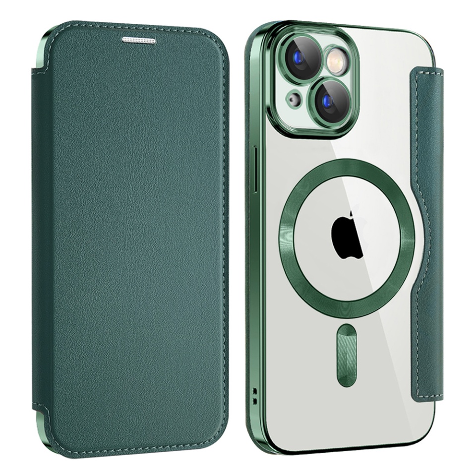 Husa pentru iPhone 15 Plus tip carte, SKYDDAR INOVATION, SmartMag Book, Magsafe, RFiD, Suport Carduri, set cu sticker, Verde - 1 | YEO