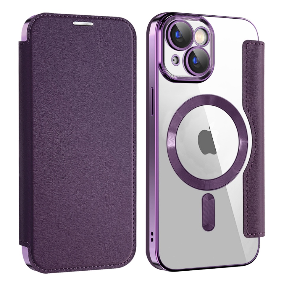 Husa pentru iPhone 15 Plus tip carte, SKYDDAR INOVATION, SmartMag Book, Magsafe, RFiD, Suport Carduri, set cu sticker, Mov - 1 | YEO