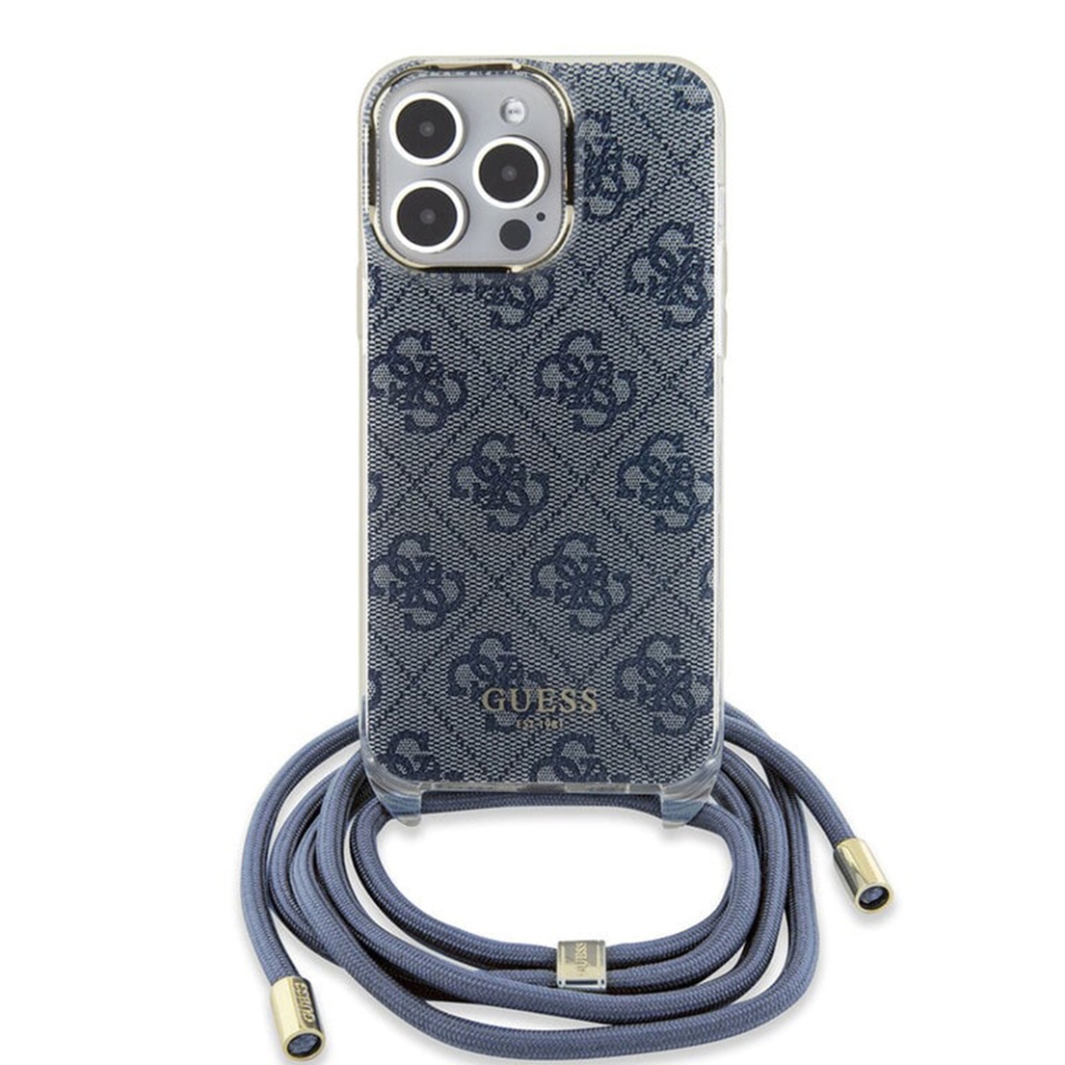 Husa pentru iPhone 15 Pro cu snur, Leather Metal Logo Strass Crossbody, Guess - Albastru - 2 | YEO