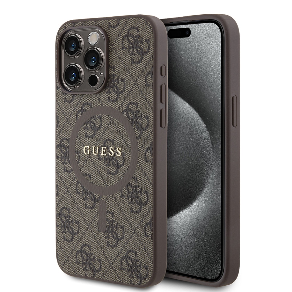 Husa pentru iPhone 15 Pro Max, 4G Collection Leather MagSafe, Guess - Maro