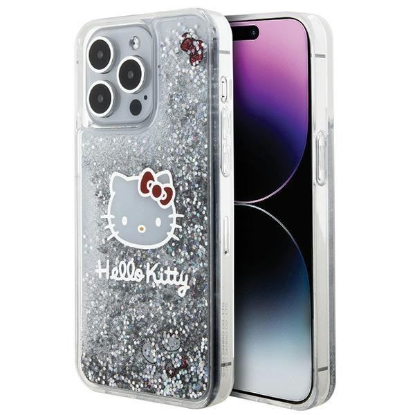 Husa pentru iPhone 15 Pro Max, Hardcase Liquid Glitter, Hello Kitty - Argintiu