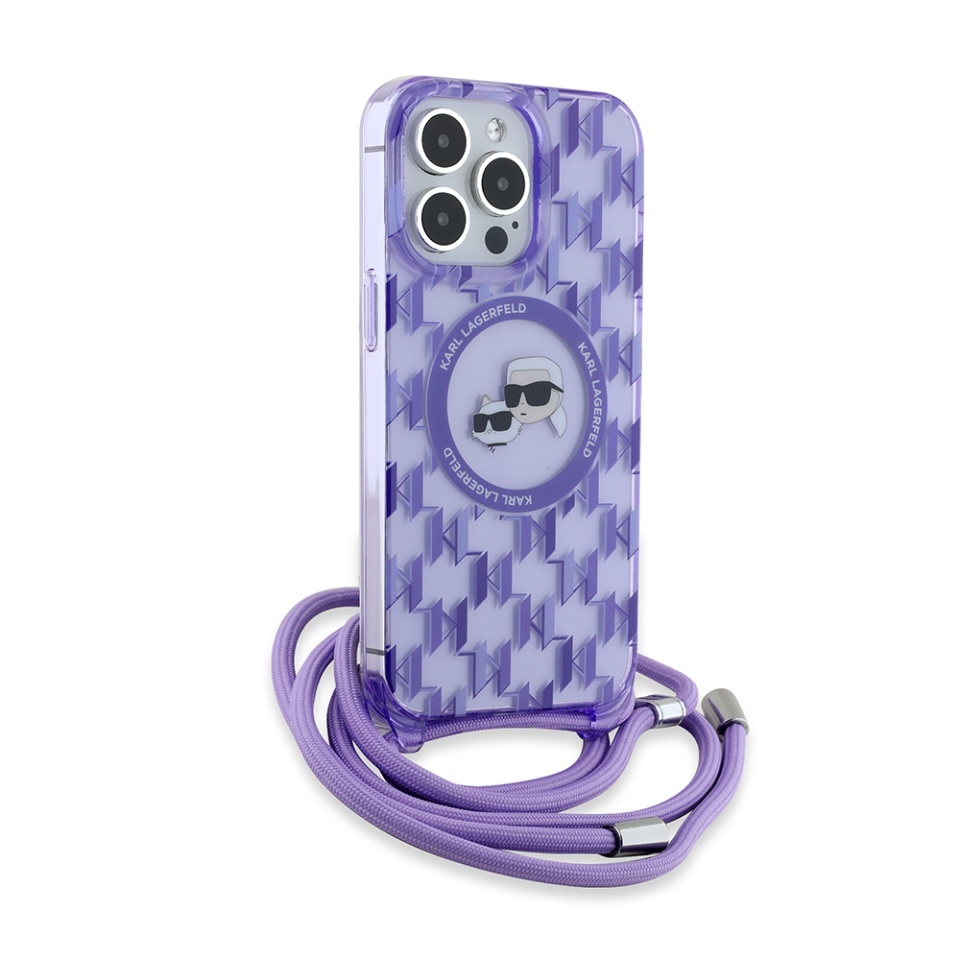 Husa pentru iPhone 15 Pro Max, Karl Lagerfeld, IML Crossbody MagSafe, Purple Monogram Karl&Choupette Head - 3 | YEO