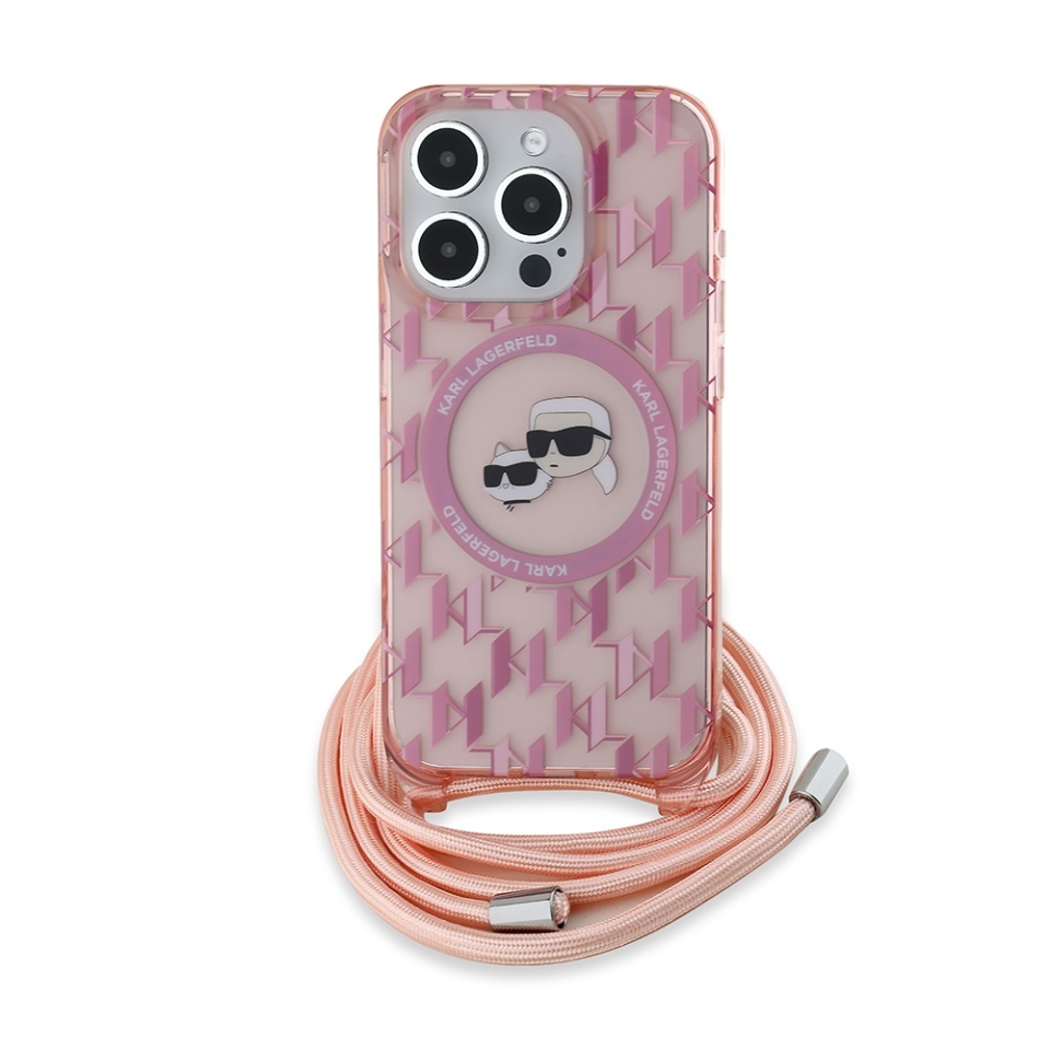 Husa pentru iPhone 15 Pro Max, Karl Lagerfeld, IML Crossbody MagSafe, Pink Monogram Karl&Choupette Head - 1 | YEO