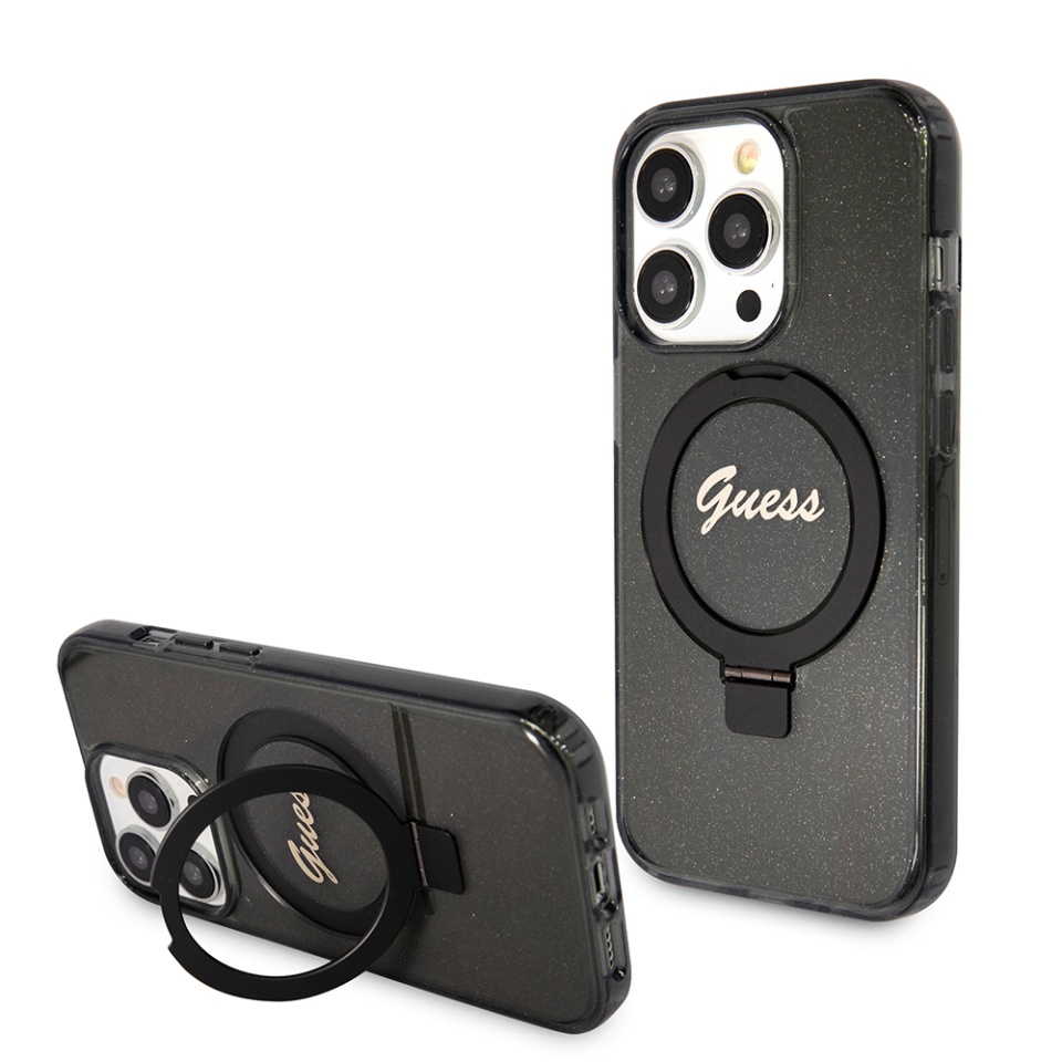 Husa pentru iPhone 15 Pro Max Ring Stand Script Glitter, Guess - Negru