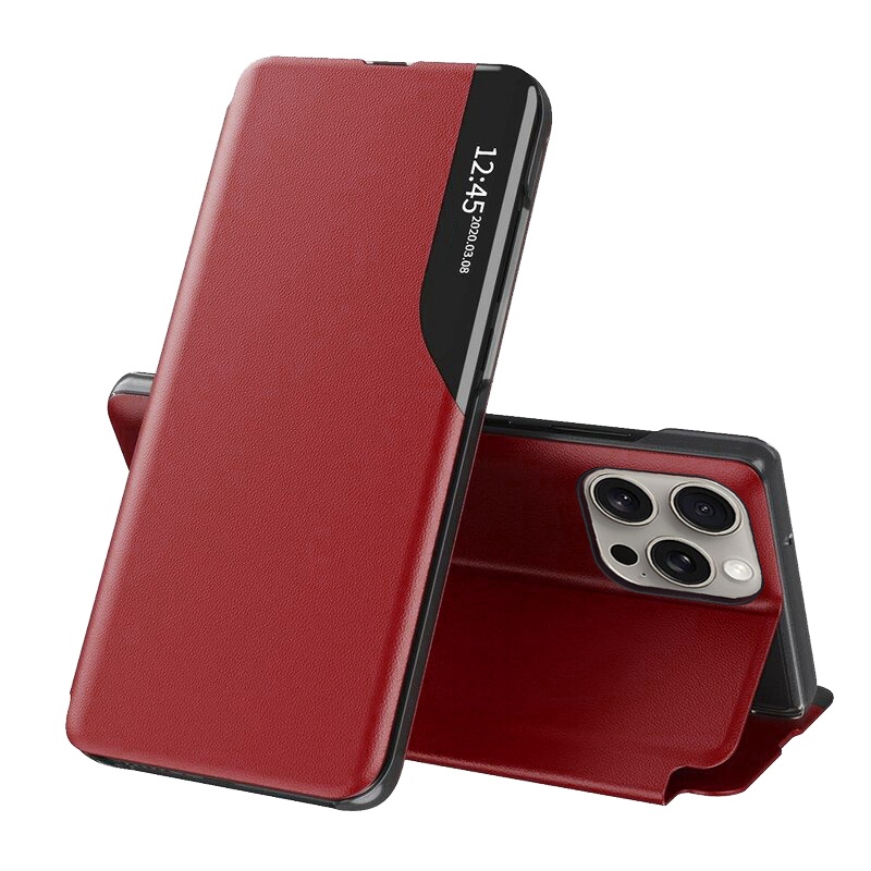 Husa pentru iPhone 15 Pro Max, SKYDDAR INNOVATION, eFold, tip carte, Rosu, set cu sticker