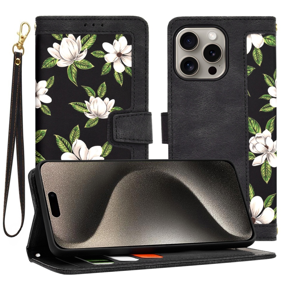 Husa pentru iPhone 15 Pro Max, SKYDDAR INNOVATION, Floral Wallet, din Piele Ecologică cu Design Floral, Protecție 360°, Stand Integrat, Buzunare pentru Carduri, Negru, set cu sticker
