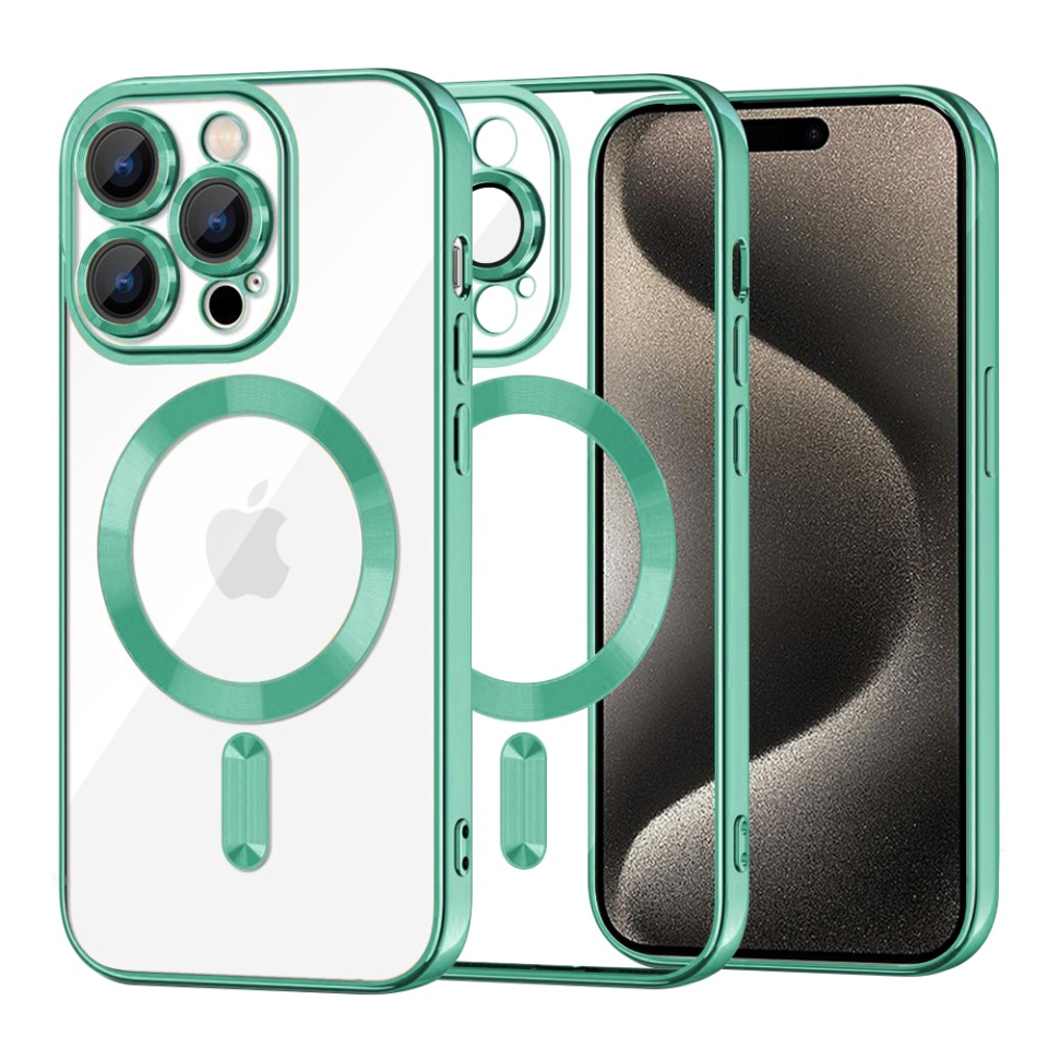Husa pentru iPhone 15 Pro Max, SKYDDAR INNOVATION, Luxury Shield Magsafe, Protectie Antisoc, Verde deschis, set cu sticker