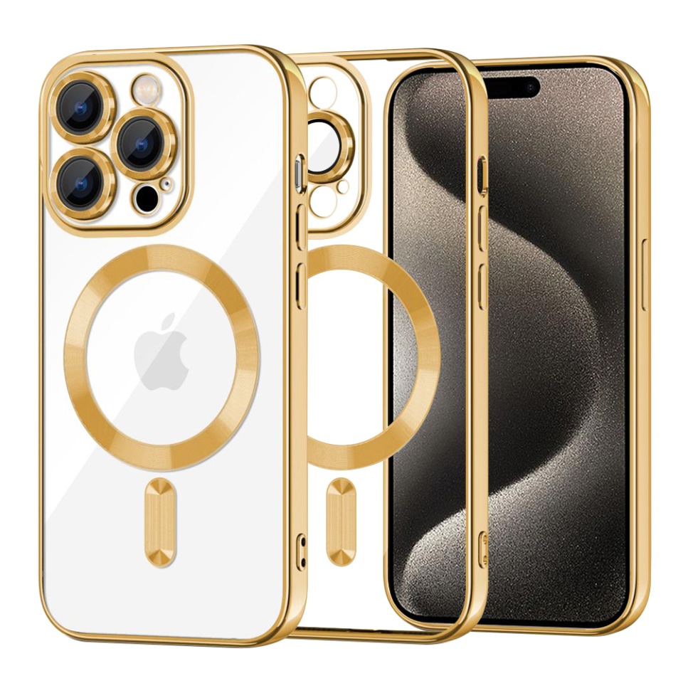 Husa pentru iPhone 15 Pro Max, SKYDDAR INNOVATION, Luxury Shield Magsafe, Protectie Antisoc, Auriu, set cu sticker