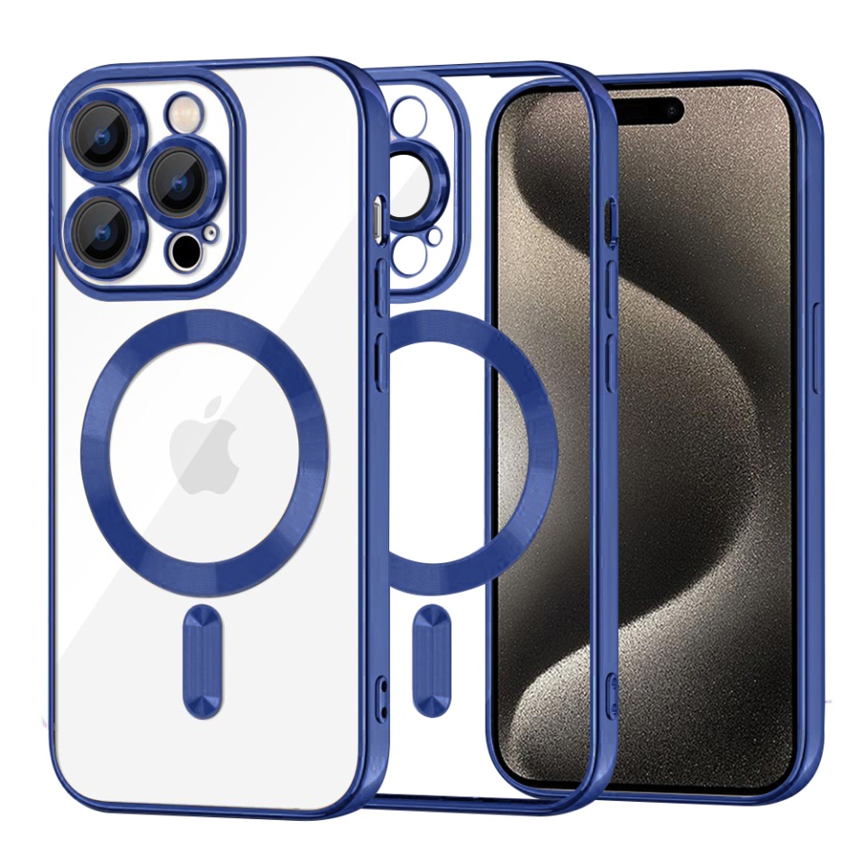 Husa pentru iPhone 15 Pro Max, SKYDDAR INNOVATION, Luxury Shield Magsafe, Protectie Antisoc, Albastru, set cu sticker