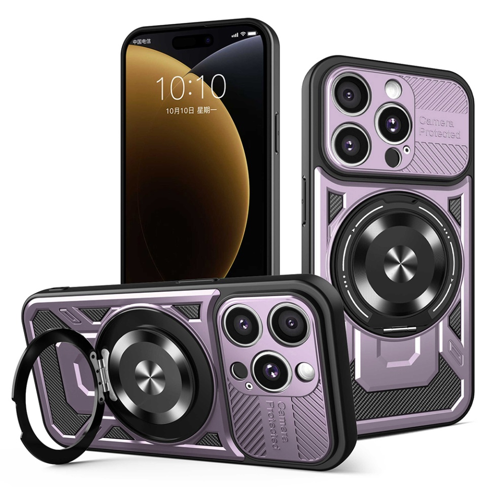 Husa pentru iPhone 15 Pro Max, SKYDDAR INNOVATION, RuggedCam, Inel magnetic antisoc, set cu sticker, Mov