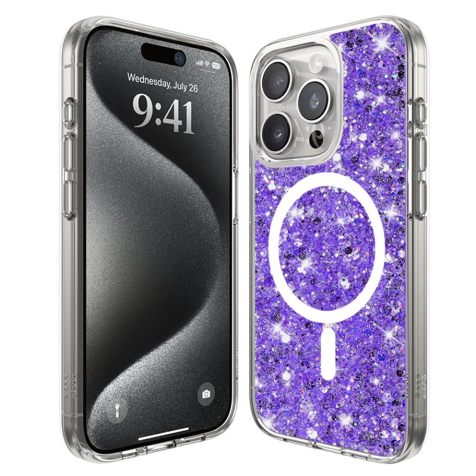 Husa pentru iPhone 15 Pro Max, SKYDDAR INNOVATION, SparkleCase, din Silicon cu Sclipici, Protectie Completa, Mov, set cu sticker