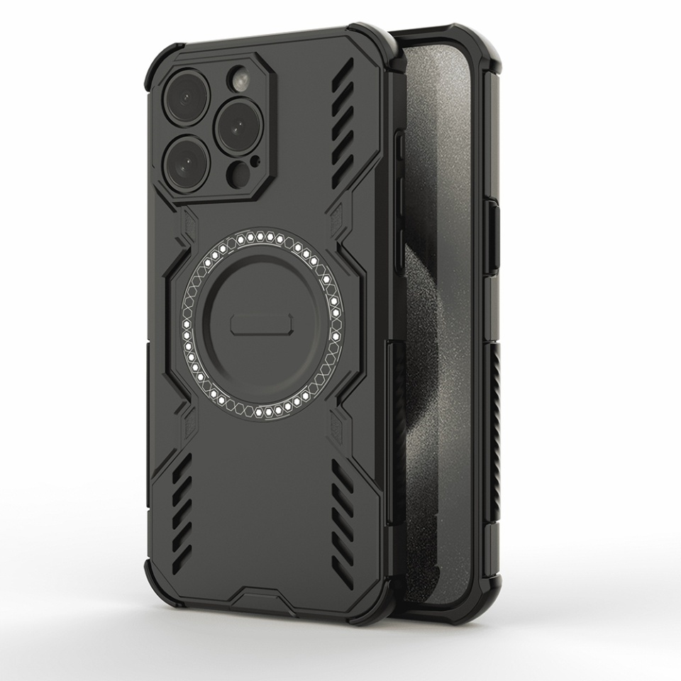 Husa pentru iPhone 15 Pro Max, SKYDDAR INOVATION, ArmorMag, Magsafe, set cu sticker, Negru