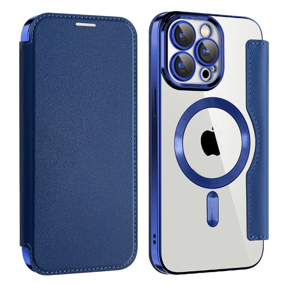 Husa pentru iPhone 15 Pro Max tip carte, SKYDDAR INOVATION, SmartMag Book, Magsafe, RFiD, Suport Carduri, set cu sticker, Albastru - 1 | YEO