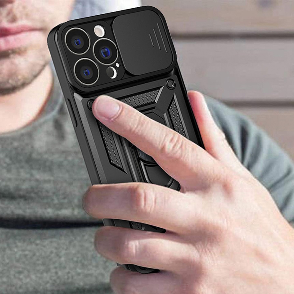 Husa pentru iPhone 15 Pro, SKYDDAR INNOVATION, CamShield, Albastru, set cu sticker - 3 | YEO