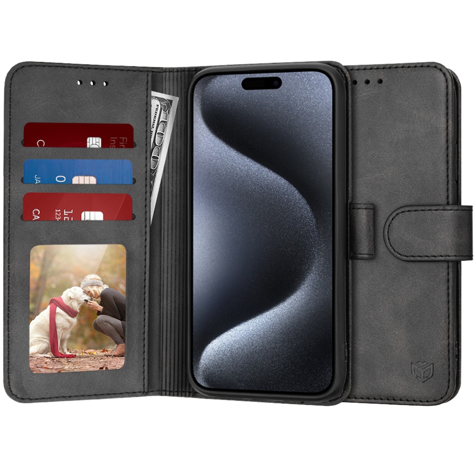 Husa pentru iPhone 15 Pro, SKYDDAR INNOVATION, Diary Book, tip carte, cu Portofel Interior, Antisoc, Negru, set cu sticker