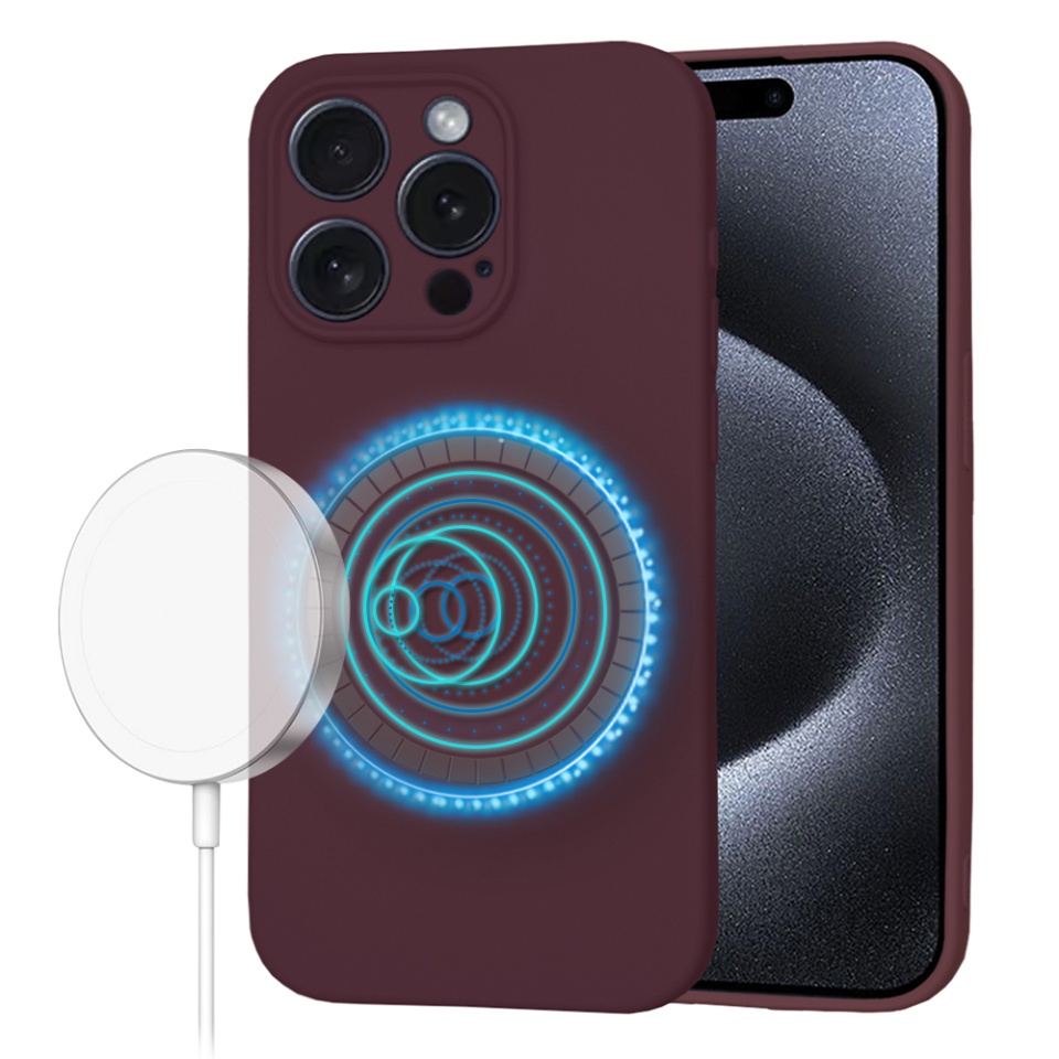 Husa pentru iPhone 15 Pro, SKYDDAR INNOVATION, din Silicon Catifelat, SoftFlex Magsafe, Bordo, set cu sticker