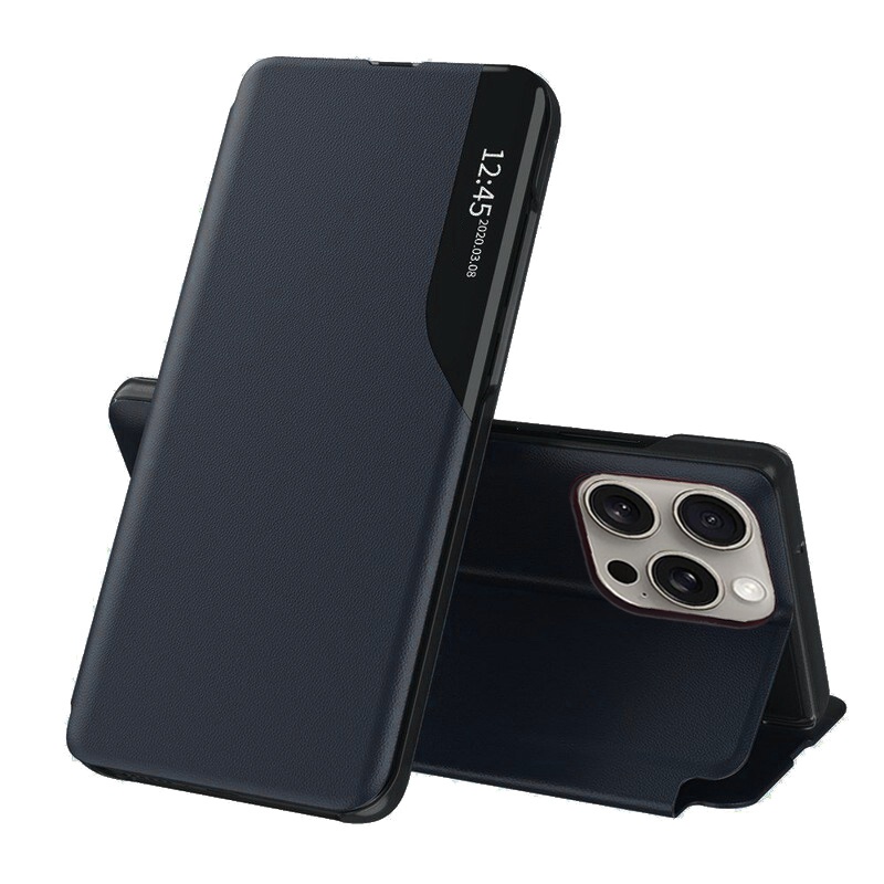 Husa pentru iPhone 15 Pro, SKYDDAR INNOVATION, eFold, tip carte, Albastru, set cu sticker