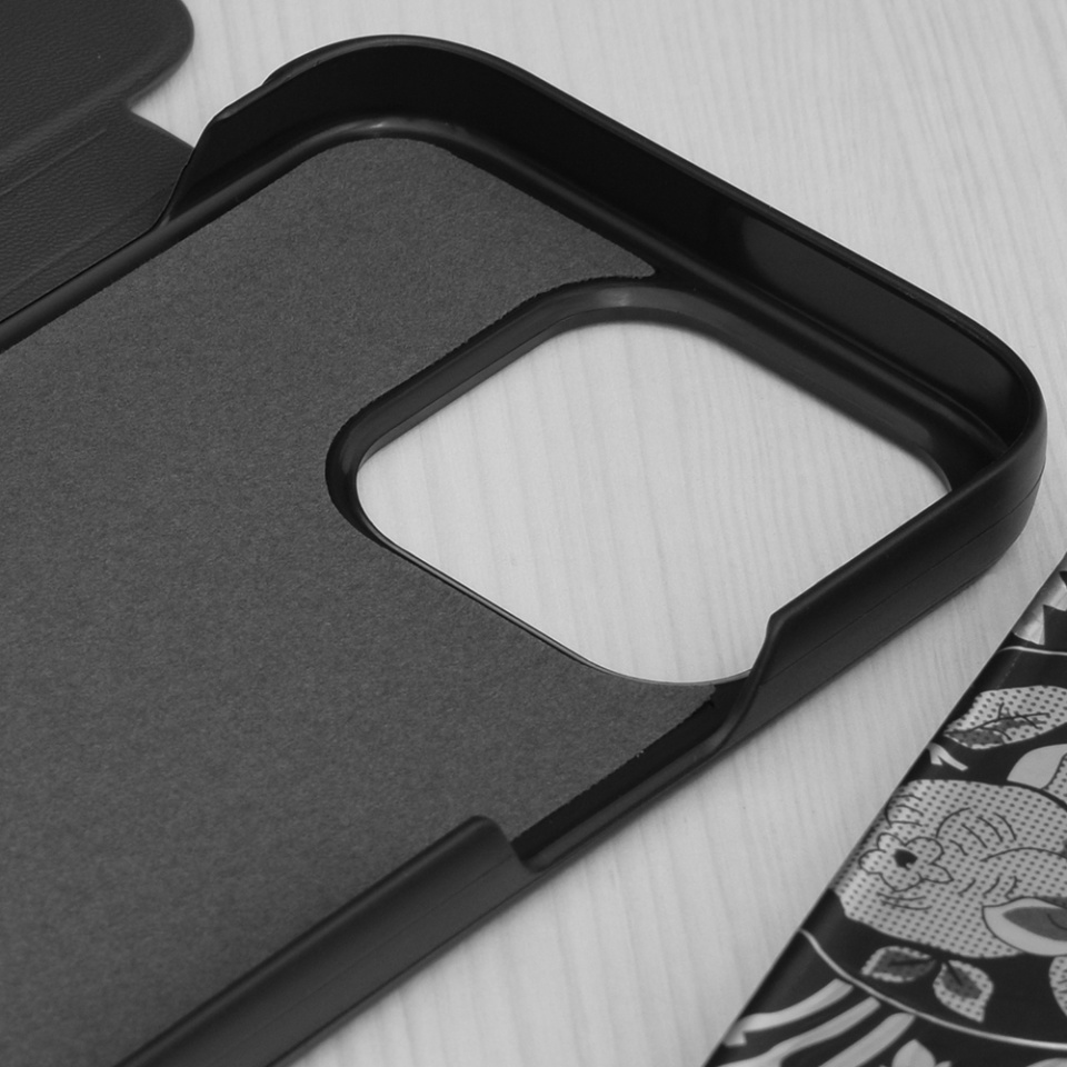Husa pentru iPhone 15 Pro, SKYDDAR INNOVATION, eFold, tip carte, Negru, set cu sticker - 2 | YEO