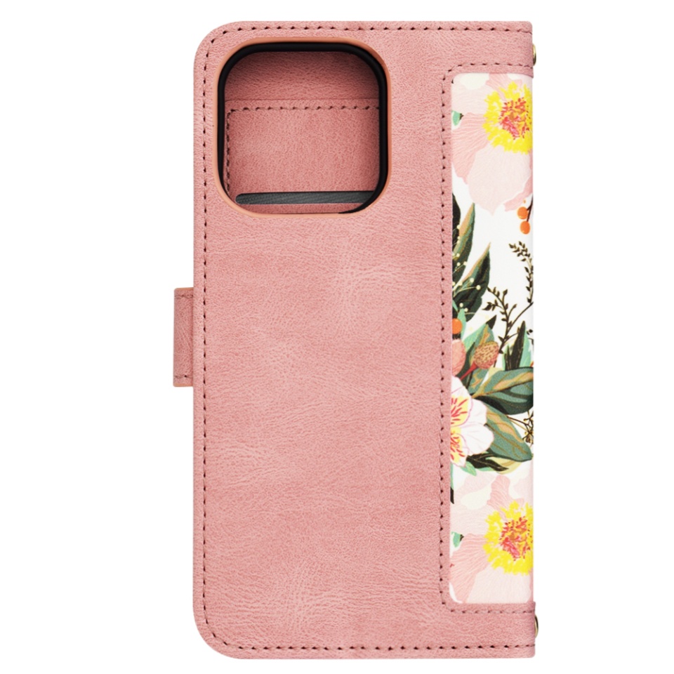 Husa pentru iPhone 15 Pro, SKYDDAR INNOVATION, Floral Wallet, din Piele Ecologică cu Design Floral, Protecție 360°, Stand Integrat, Buzunare pentru Carduri, Roz, set cu sticker - 2 | YEO