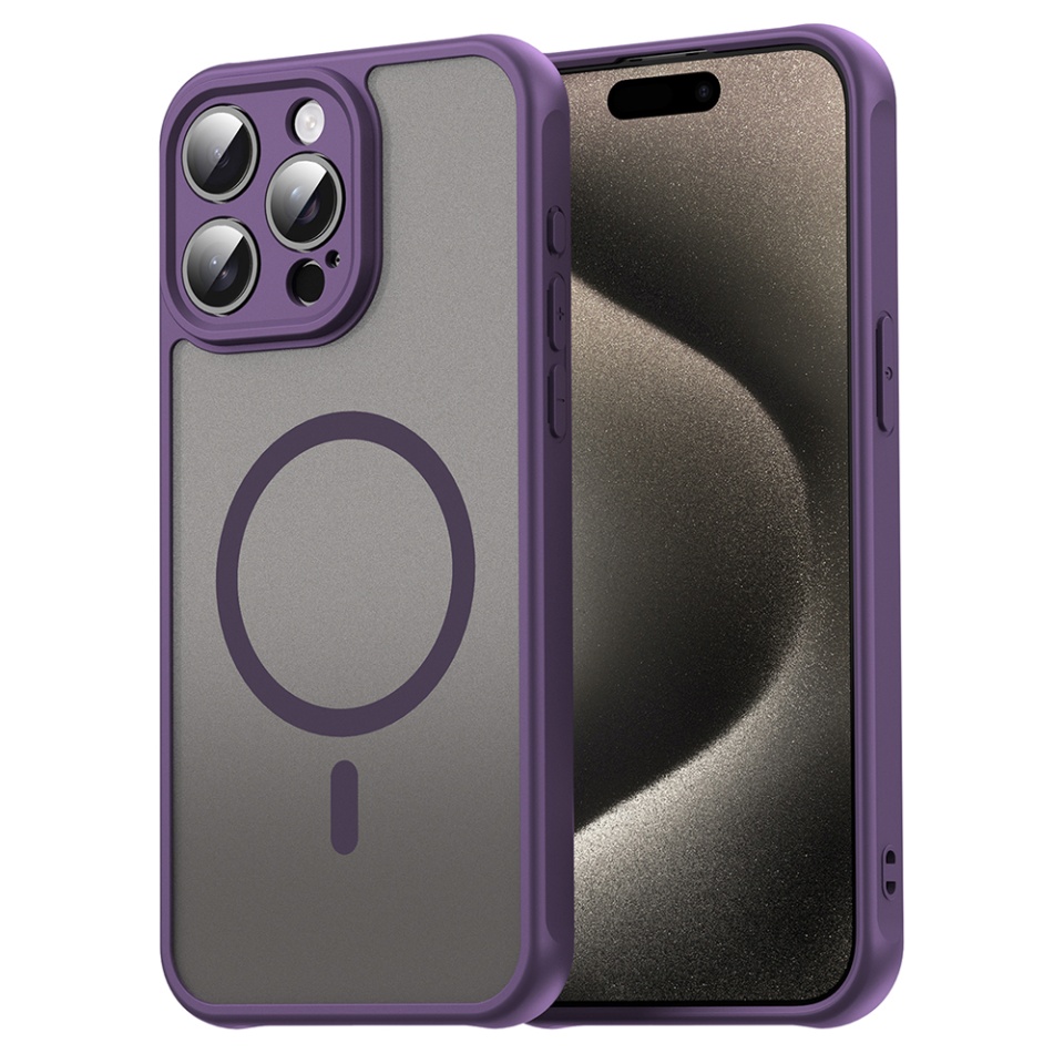 Husa pentru iPhone 15 Pro, SKYDDAR INNOVATION, HaloFrost MagSafe II, Antisoc, set cu sticker, Mov