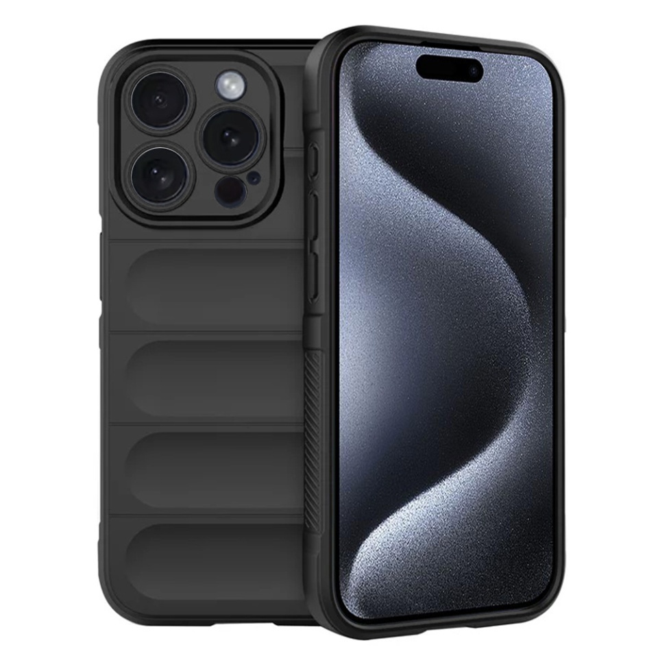 Husa pentru iPhone 15 Pro, SKYDDAR INNOVATION, Magic Shield, din Silicon Mat, set cu sticker, Negru