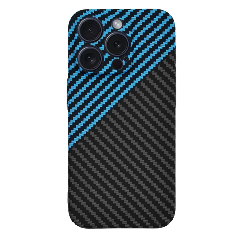 Husa pentru iPhone 15 Pro, SKYDDAR INNOVATION, textura carbon, Carbonite FiberShell, Bleu, set cu sticker - 1 | YEO