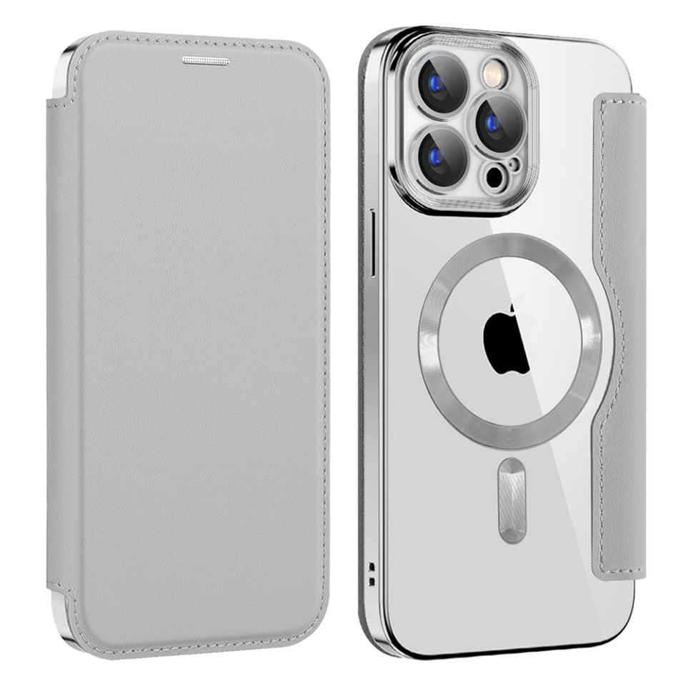 Husa pentru iPhone 15 Pro tip carte, SKYDDAR INOVATION, SmartMag Book, Magsafe, RFiD, Suport Carduri, set cu sticker, Gri - 1 | YEO