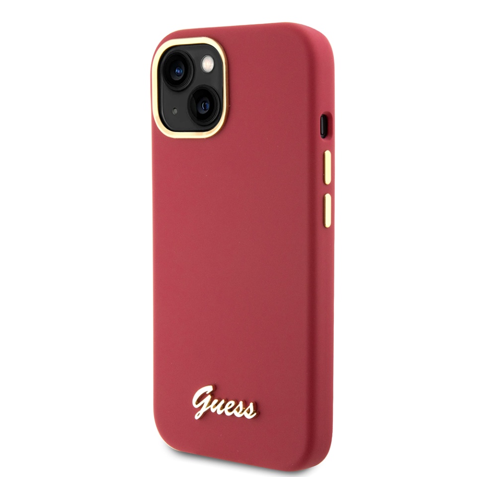 Husa pentru iPhone 15 Silicone Script Metal Logo & Frame, Guess - Rosu - 3 | YEO