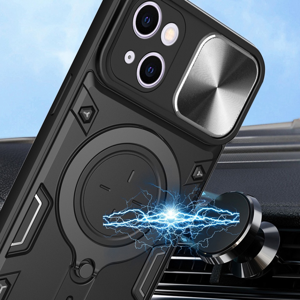 Husa pentru iPhone 15, SKYDDAR INNOVATION, CamGuard Pro, Inel Magnetic, Protectie Camera, Negru, set cu sticker - 3 | YEO