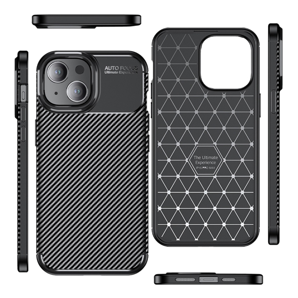 Husa pentru iPhone 15, SKYDDAR INNOVATION, CarbonFiber, Antisoc, Negru, set cu sticker - 1 | YEO