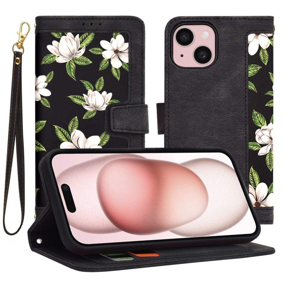 Husa pentru iPhone 15, SKYDDAR INNOVATION, Floral Wallet, din Piele Ecologică cu Design Floral, Protecție 360°, Stand Integrat, Buzunare pentru Carduri, Negru, set cu sticker