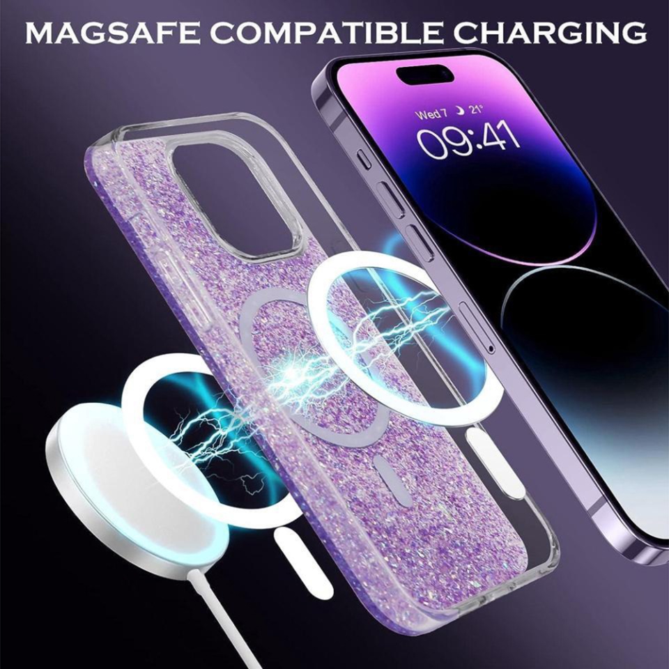 Husa pentru iPhone 15, SKYDDAR INNOVATION, SparkleCase, din Silicon cu Sclipici, Protectie Completa, Mov, set cu sticker - 2 | YEO