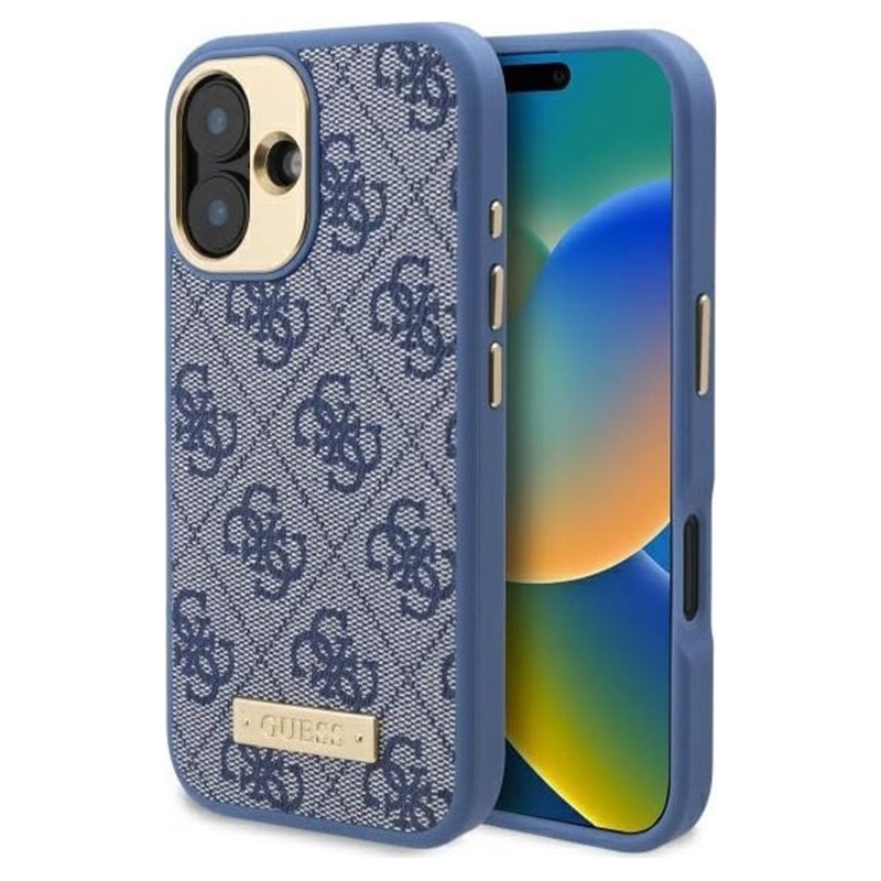 Husa pentru iPhone 16, Guess, Hardcase 4G Logo Plate MagSafe, Albastru