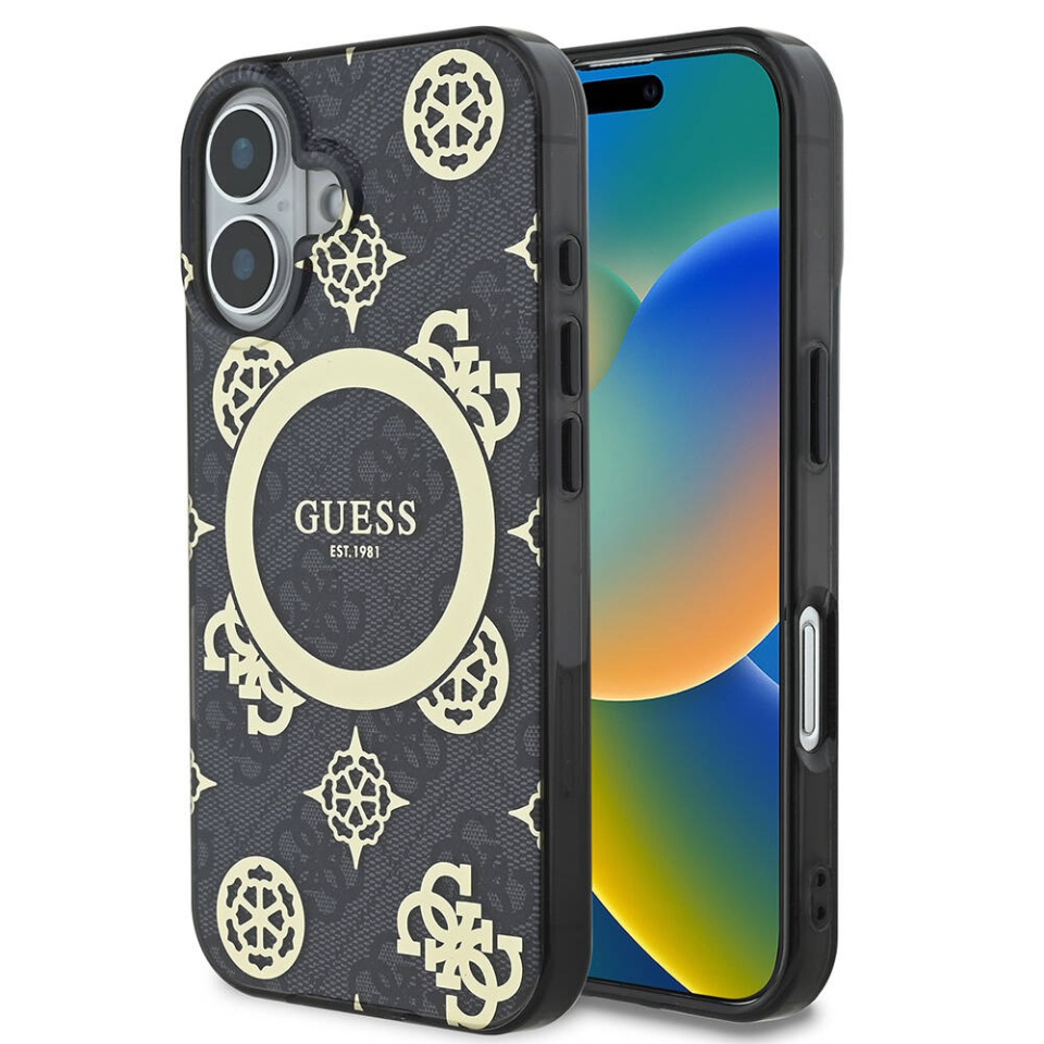 Husa pentru iPhone 16, Guess MagSafe Denim Pattern, Compatibila, Cadru Silicon, Logo Auriu, Design Slim, Negru
