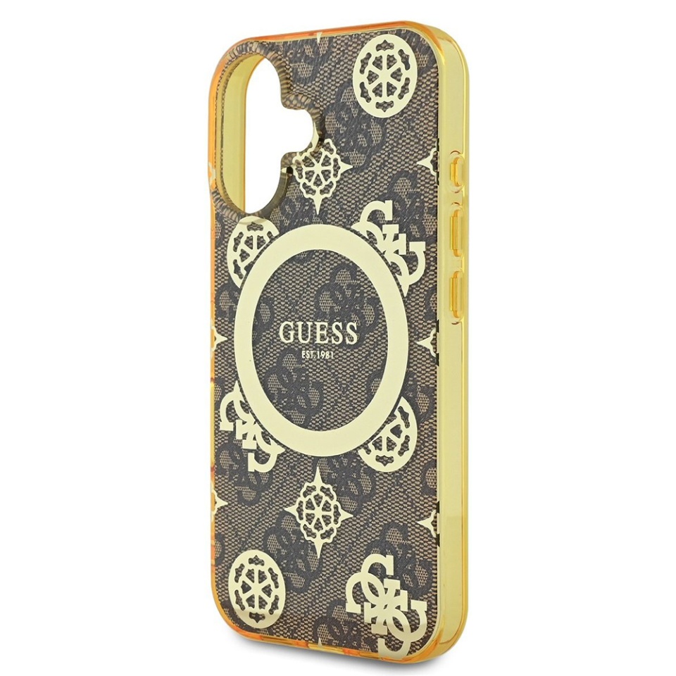 Husa pentru iPhone 16, Guess MagSafe Denim Pattern, Compatibila, Cadru Silicon, Logo Auriu, Design Slim, Maro - 3 | YEO