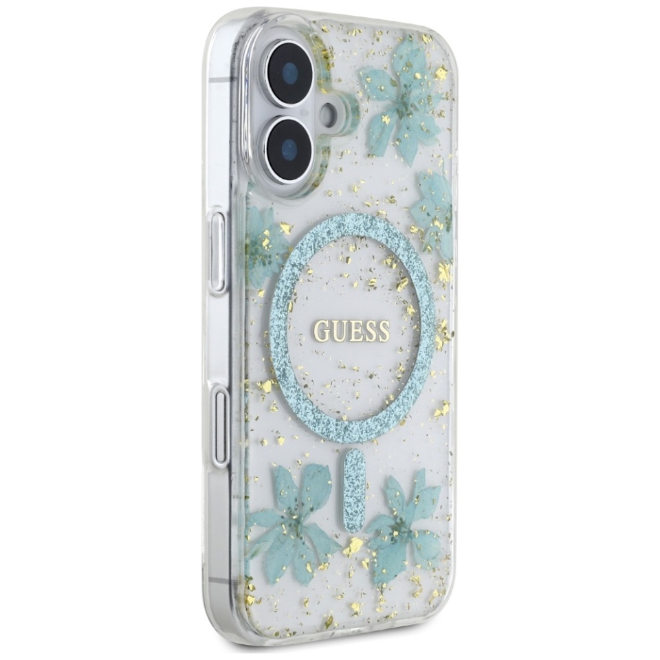 Husa pentru iPhone 16, Hardcase Resin Flowers and Glitter MagSafe, Guess - Turcoaz - 2 | YEO
