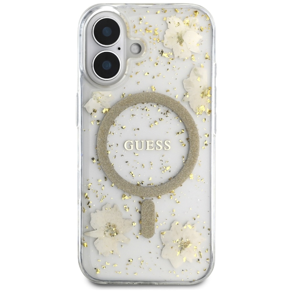 Husa pentru iPhone 16, Hardcase Resin Flowers and Glitter MagSafe, Guess - Bej - 1 | YEO