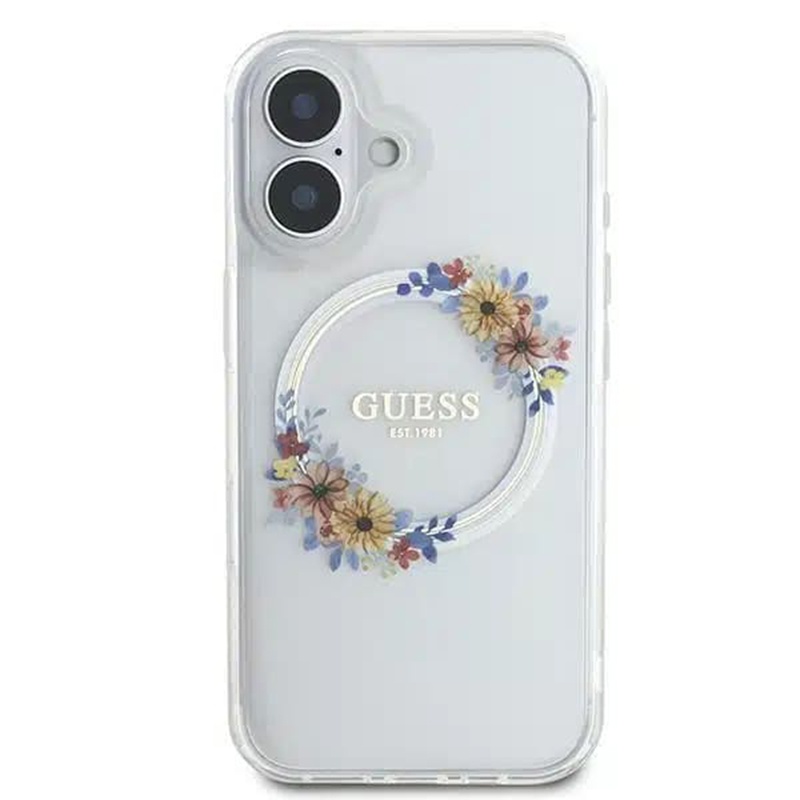 Husa pentru iPhone 16, IML Flowers Wreath MagSafe, Guess - Transparenta - 2 | YEO