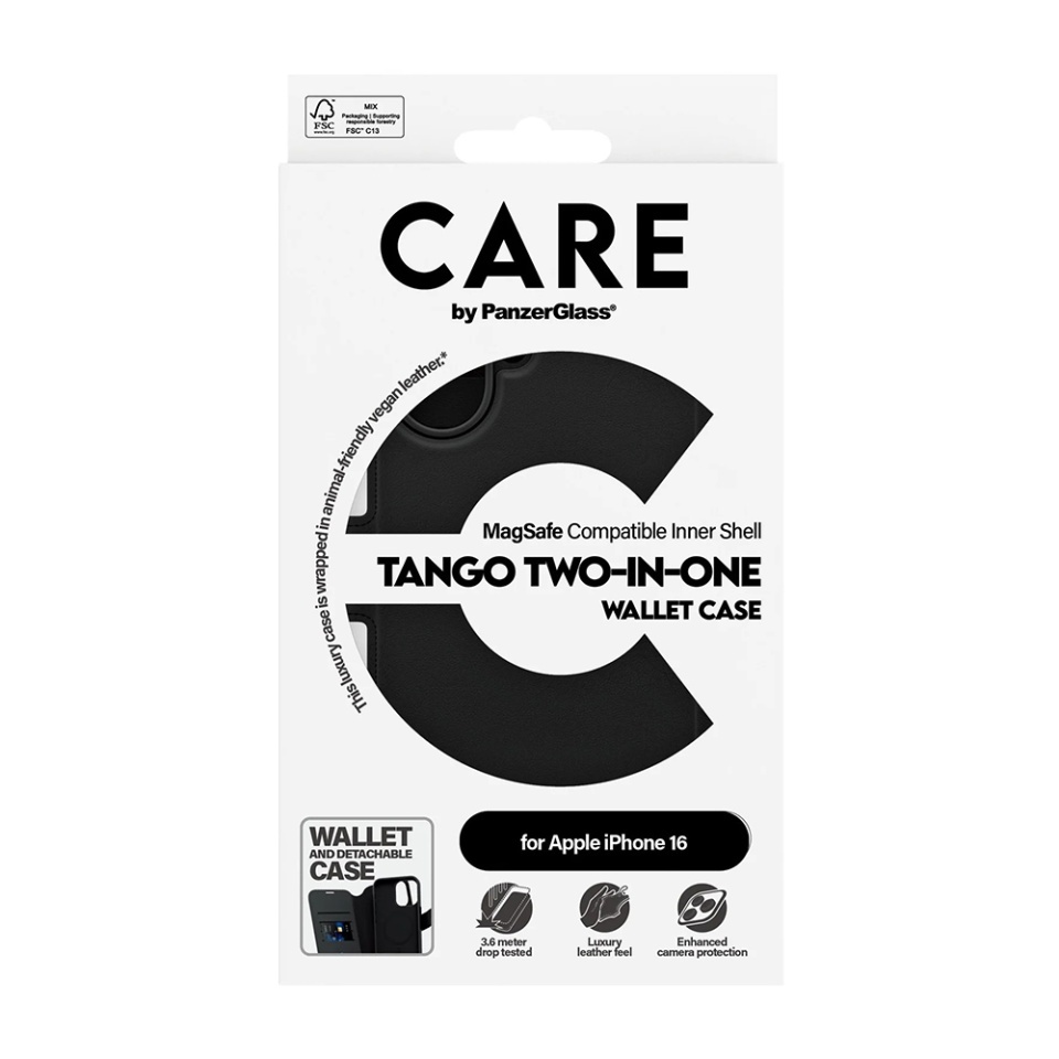 Husa pentru iPhone 16, PanzerGlass, CARE Feature MagSafe Case Tango Two-in-One Wallet, Tip Carte Detasabila 2in1 cu Portofel si Prindere Magnetica, Piele Ecologica, Antisoc, Negru - 3 | YEO